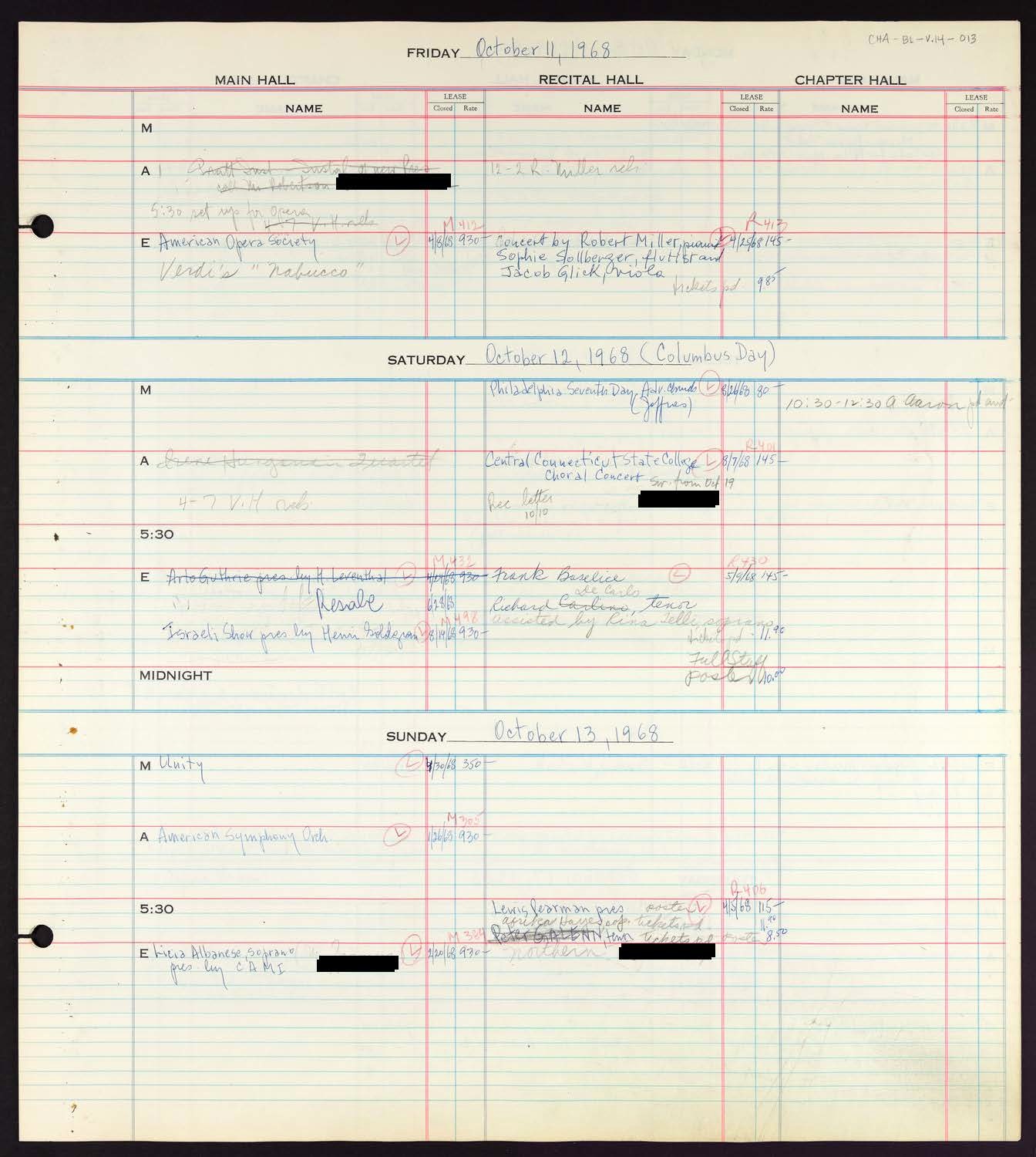 Carnegie Hall Booking Ledger, volume 14, page 13