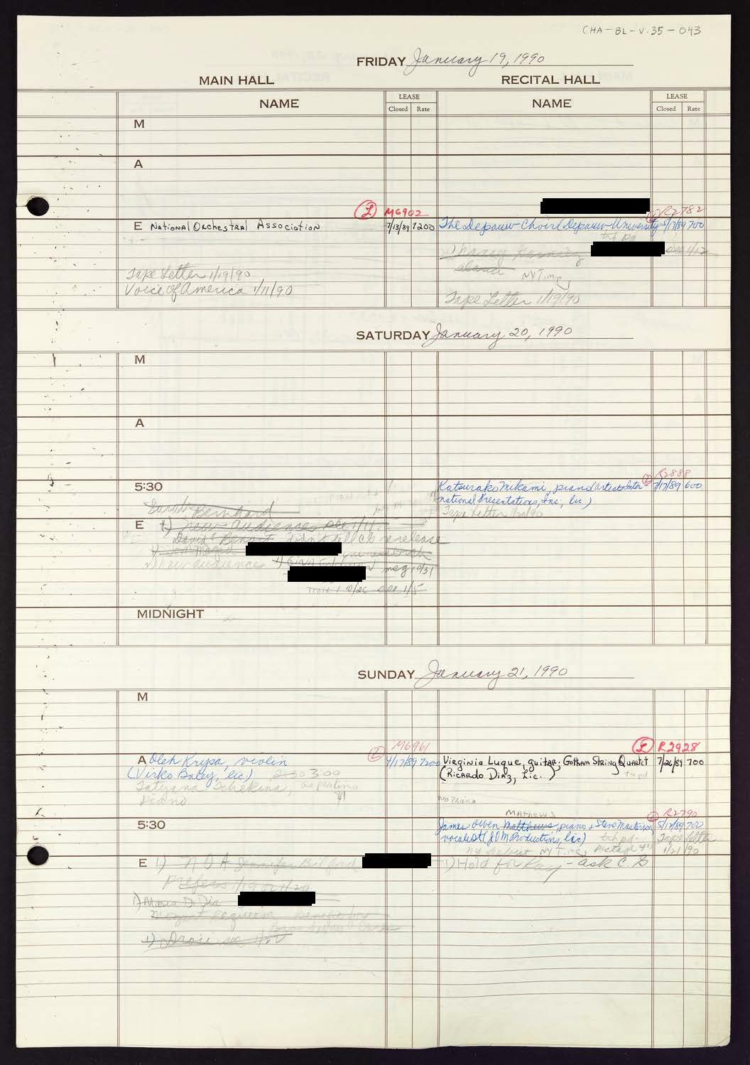 Carnegie Hall Booking Ledger, volume 35, page 43