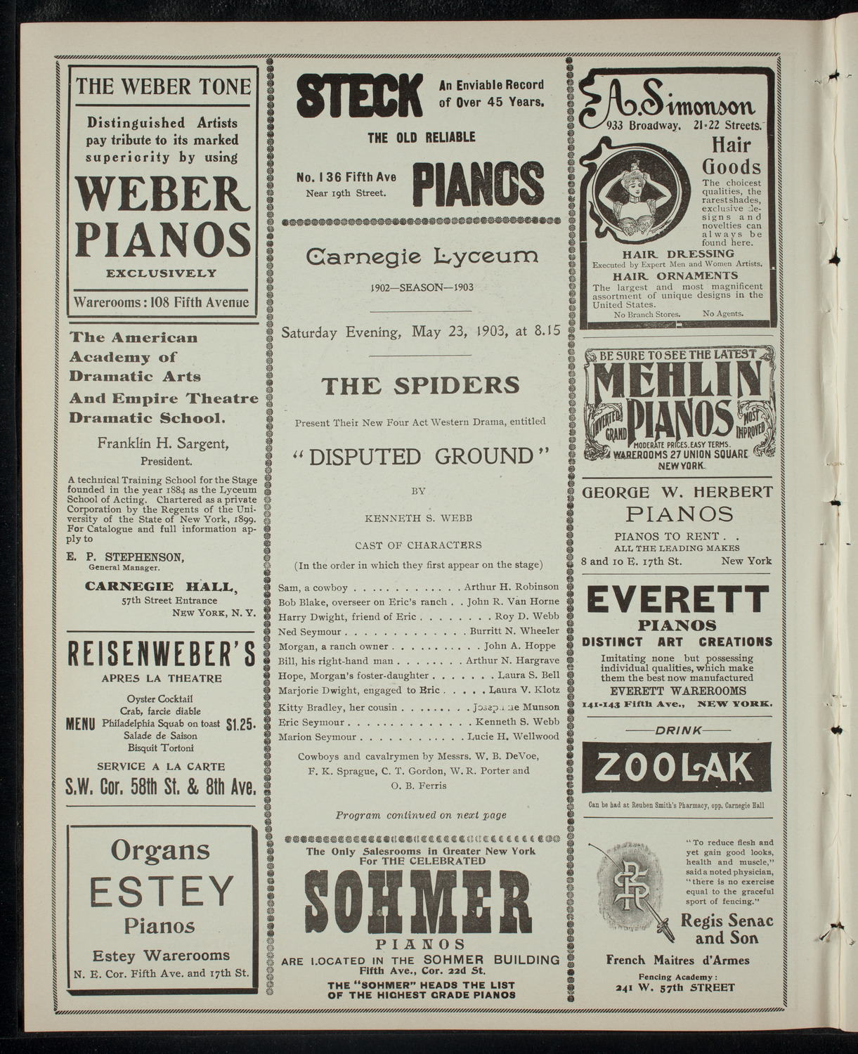 Dramatic Performance by The Spiders, May 23, 1903, program page 2