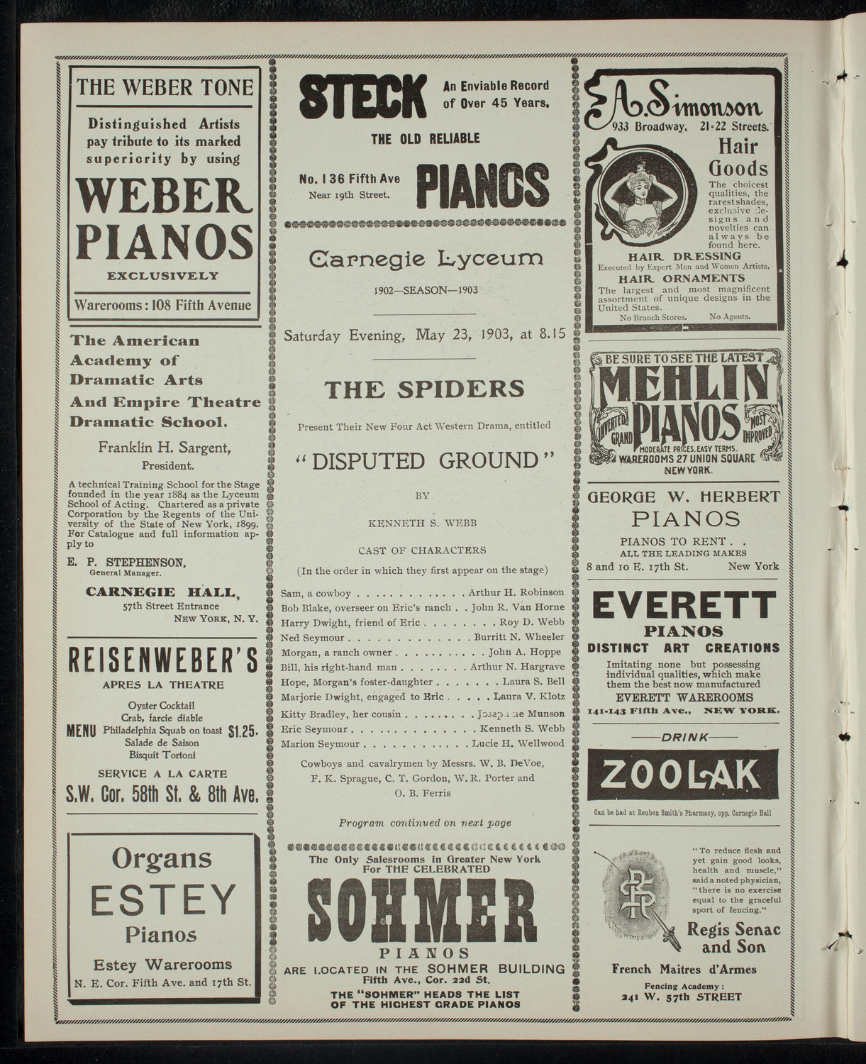 Dramatic Performance by The Spiders, May 23, 1903, program page 2