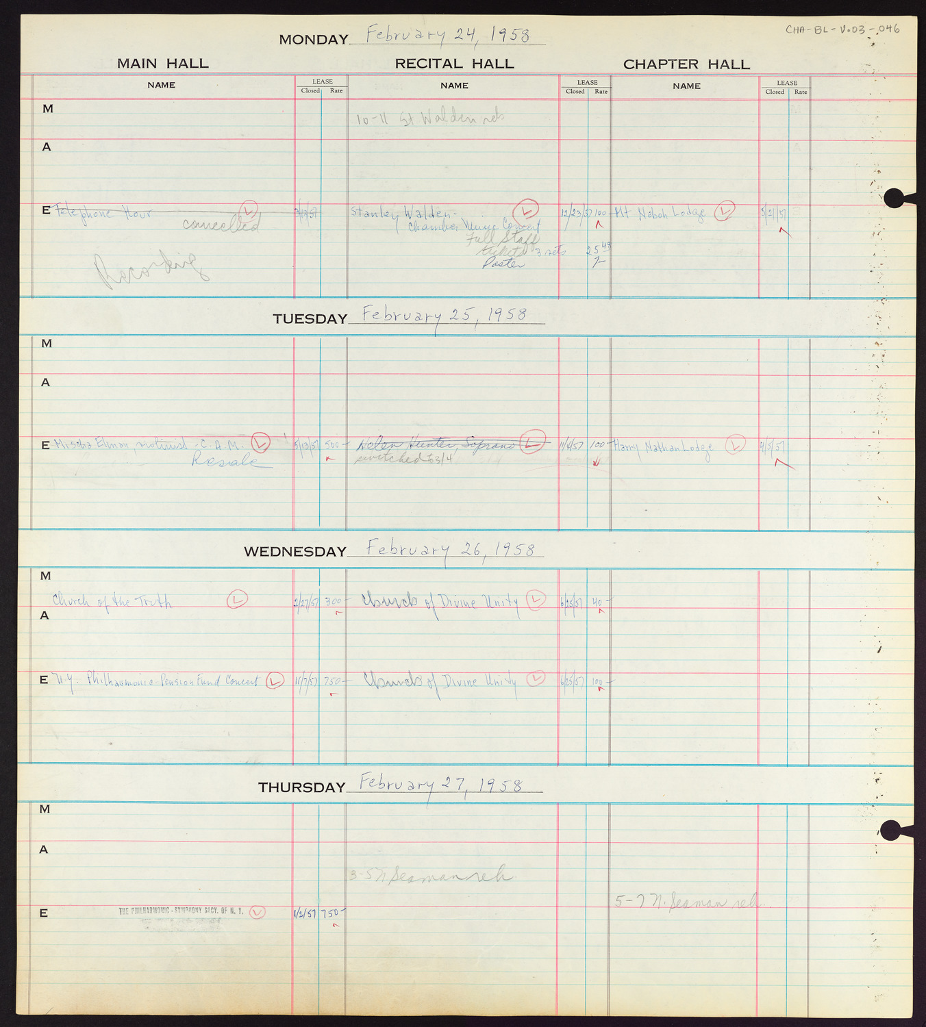 Carnegie Hall Booking Ledger, volume 3, page 46