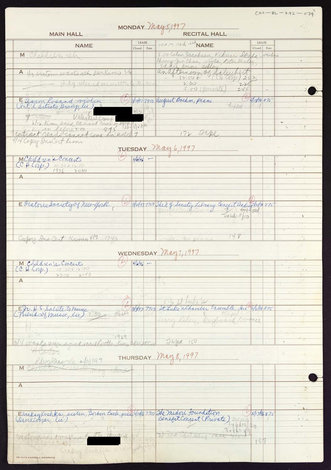 Carnegie Hall Booking Ledger, volume 42, page 74