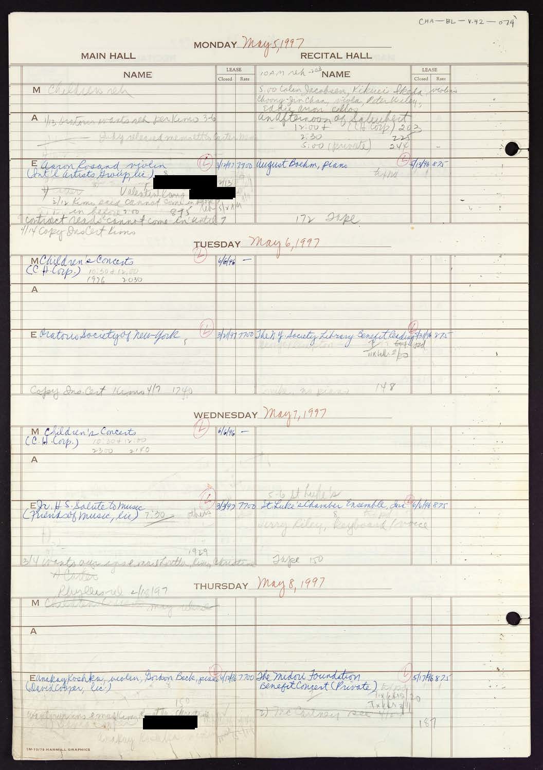 Carnegie Hall Booking Ledger, volume 42, page 74