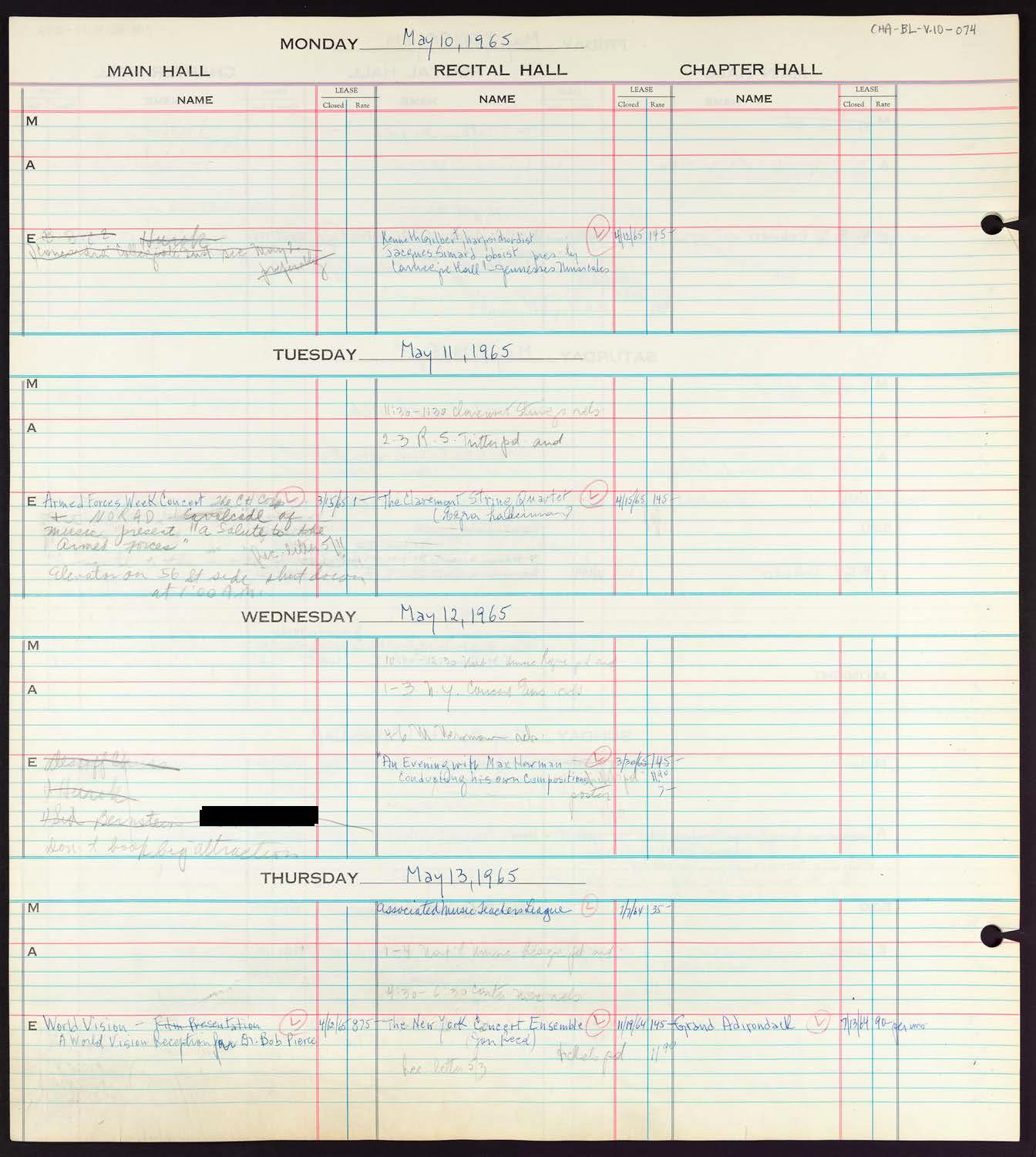 Carnegie Hall Booking Ledger, volume 10, page 74