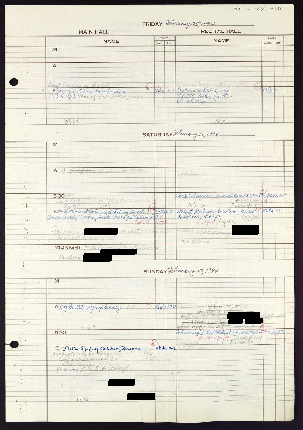 Carnegie Hall Booking Ledger, volume 39, page 55