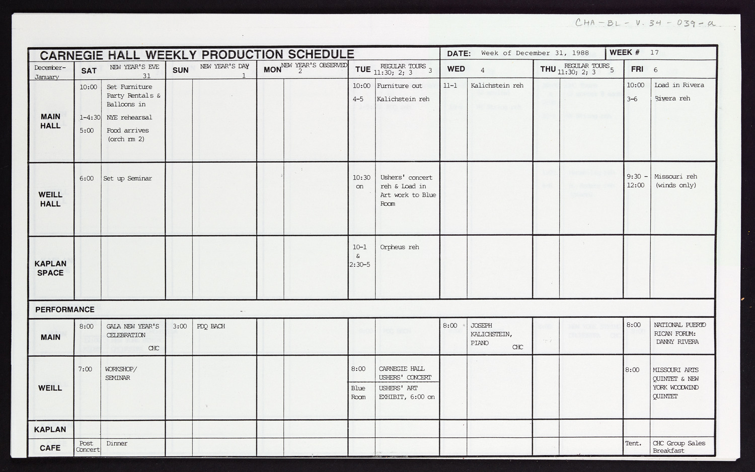 Carnegie Hall Booking Ledger, volume 34, page 39a