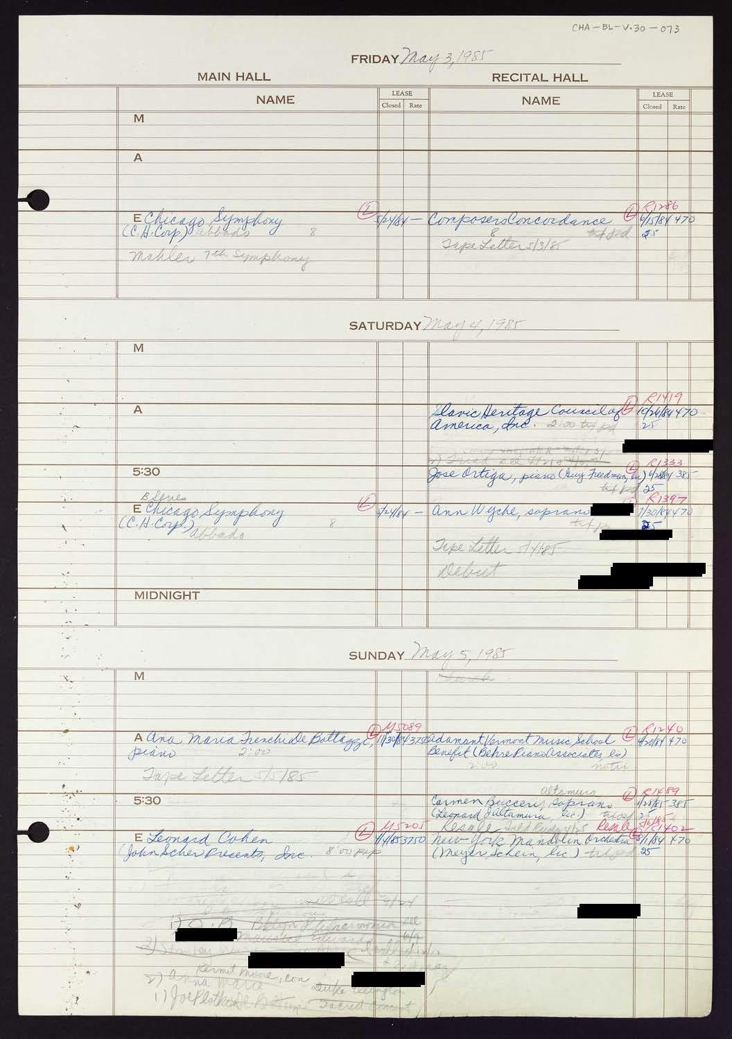 Carnegie Hall Booking Ledger, volume 30, page 73