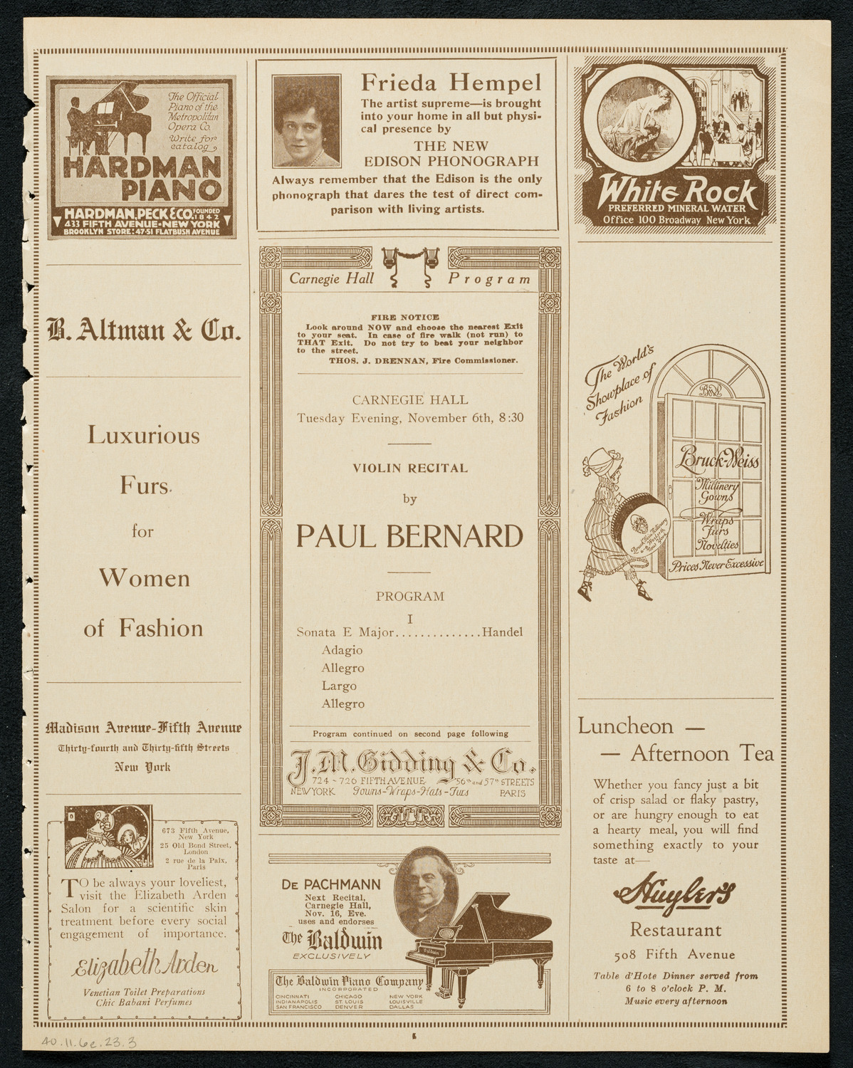 Paul Bernard, Violin, November 6, 1923, program page 5