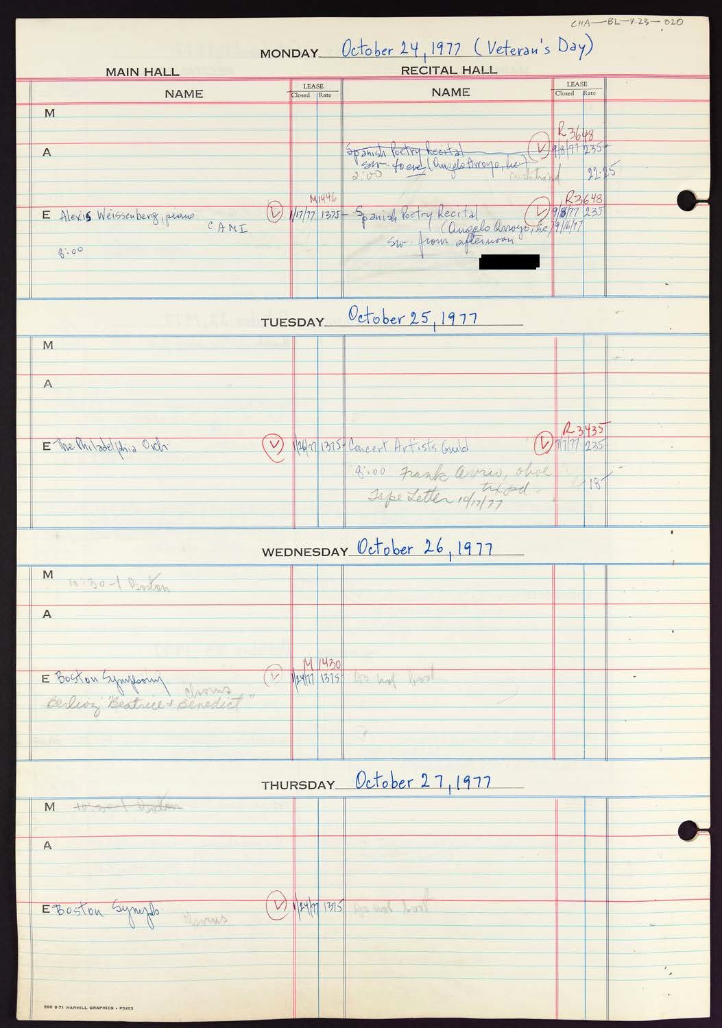 Carnegie Hall Booking Ledger, volume 23, page 20