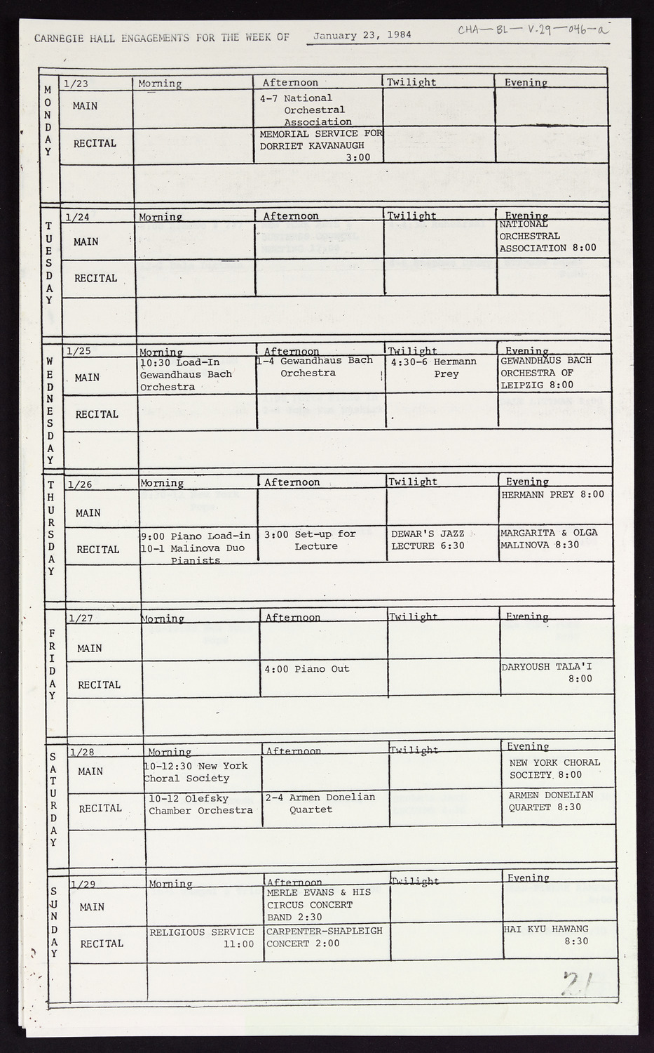 Carnegie Hall Booking Ledger, volume 29, page 46a