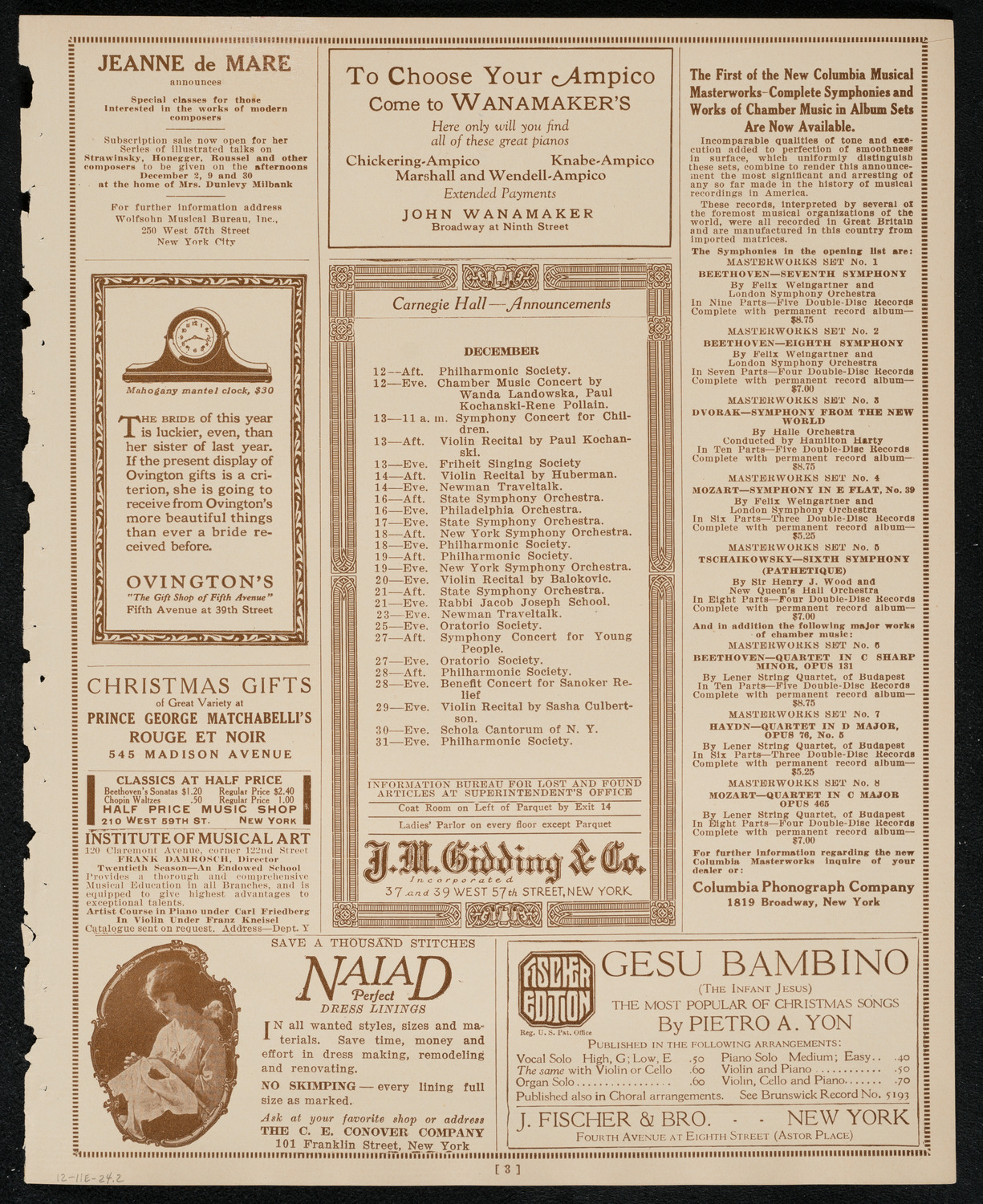 New York Philharmonic, December 11, 1924, program page 3