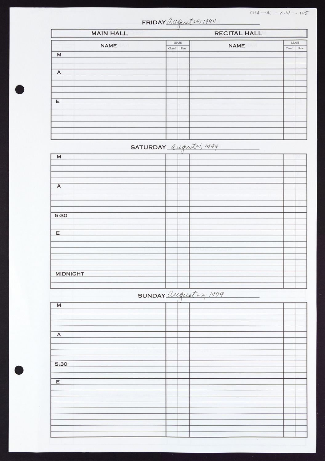 Carnegie Hall Booking Ledger, volume 44, page 105