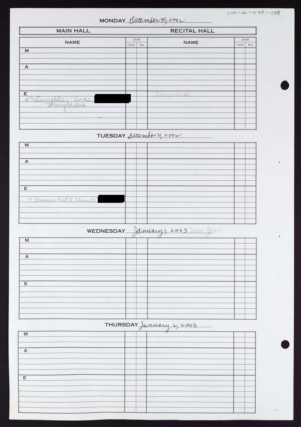 Carnegie Hall Booking Ledger, volume 48, page 38