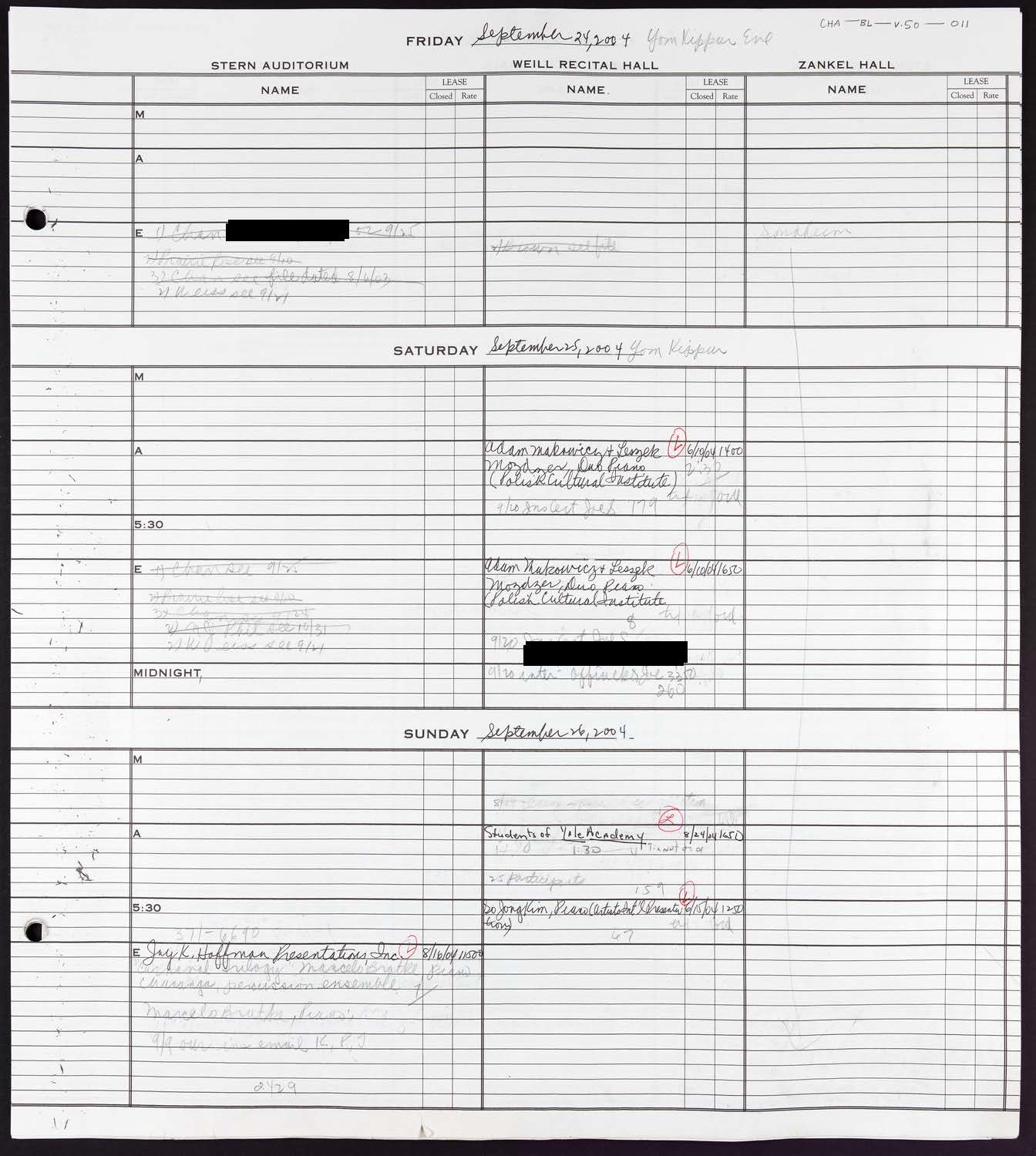 Carnegie Hall Booking Ledger, volume 50, page 11