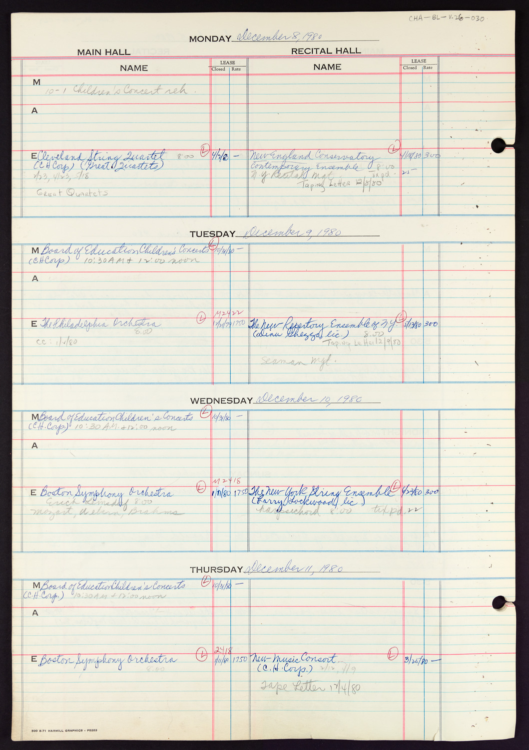 Carnegie Hall Booking Ledger, volume 26, page 30