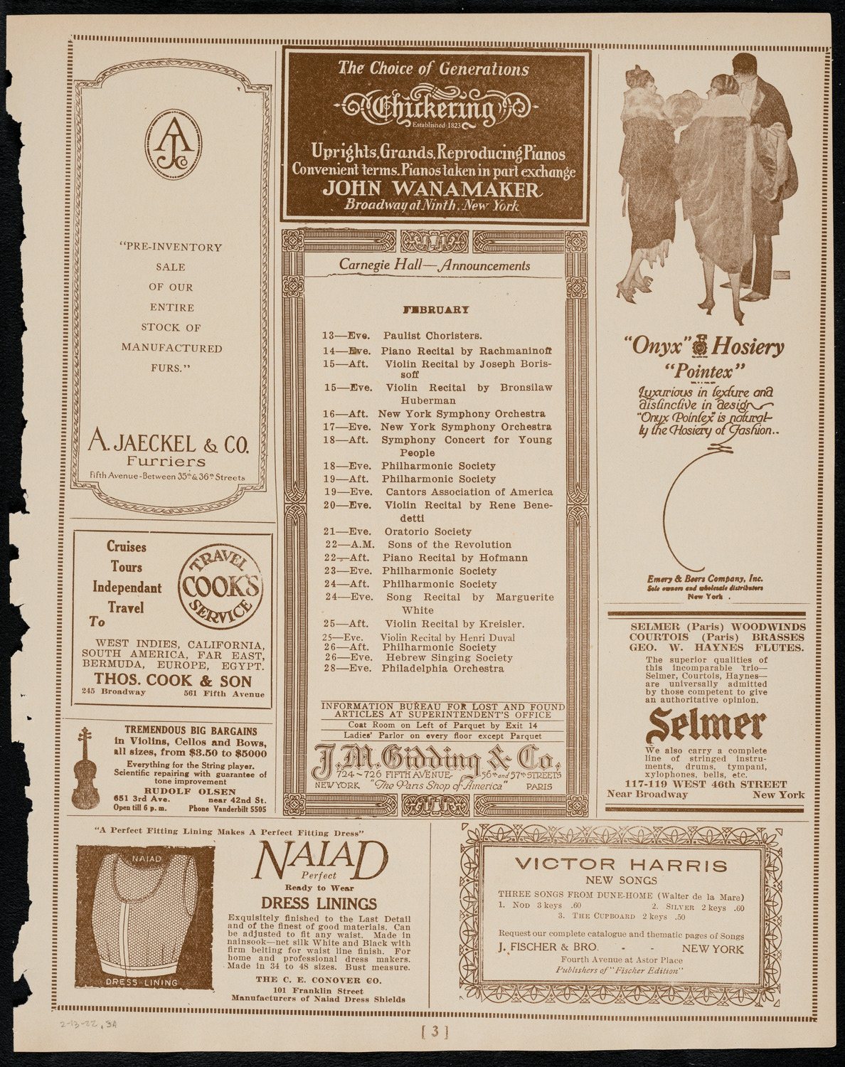 Jascha Heifetz, Violin, February 13, 1922, program page 3