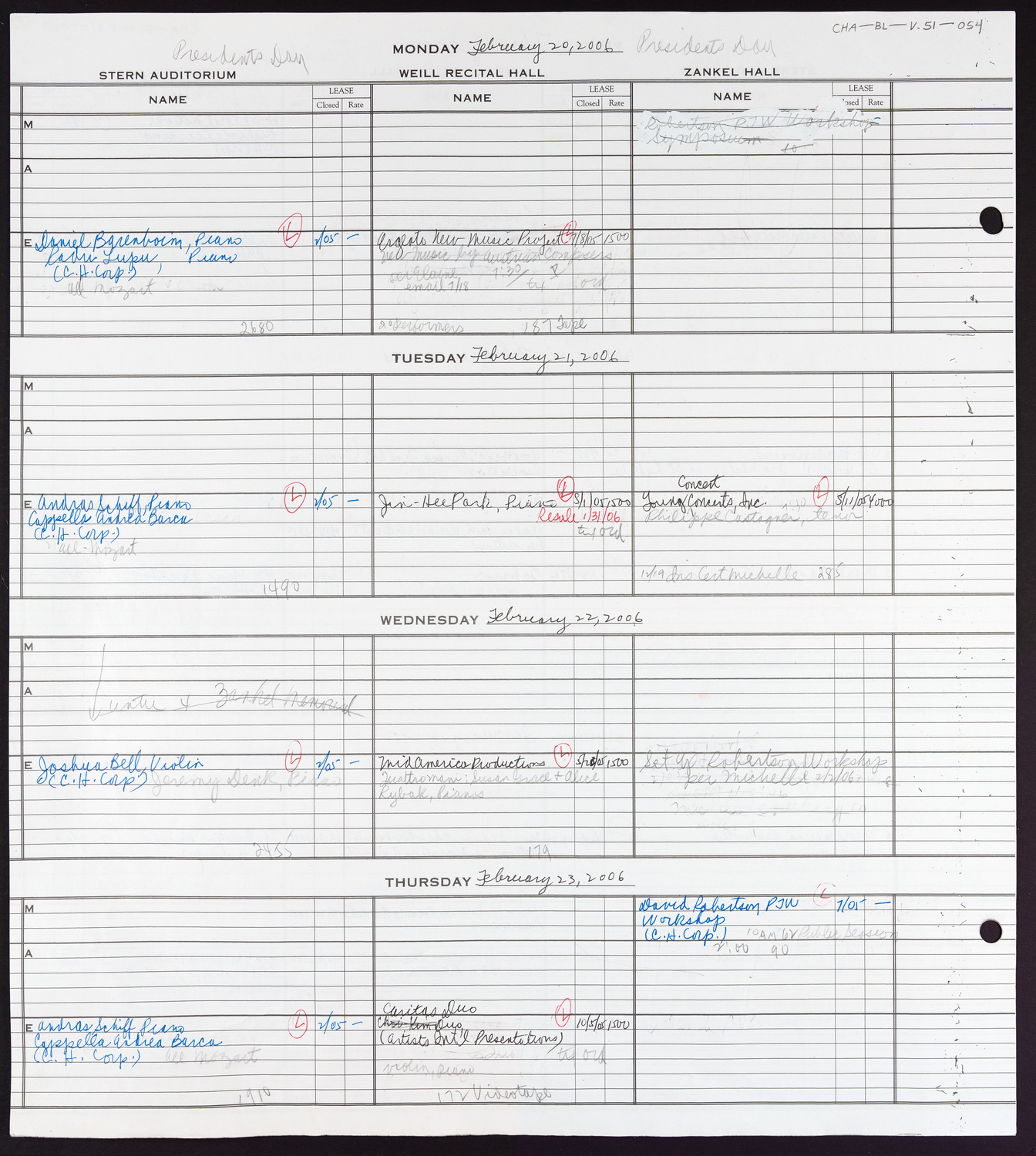 Carnegie Hall Booking Ledger, volume 51, page 54