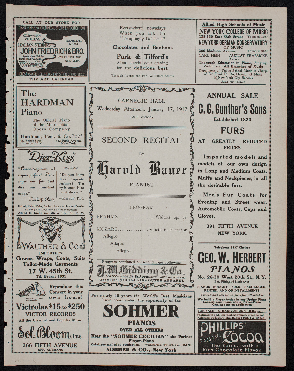 Harold Bauer, Piano, January 17, 1912, program page 5