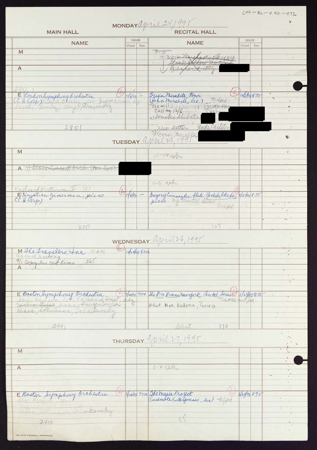 Carnegie Hall Booking Ledger, volume 40, page 72