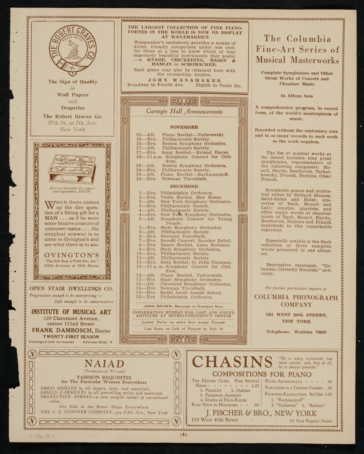 Ernest Hutcheson, Piano, November 24, 1925, program page 3