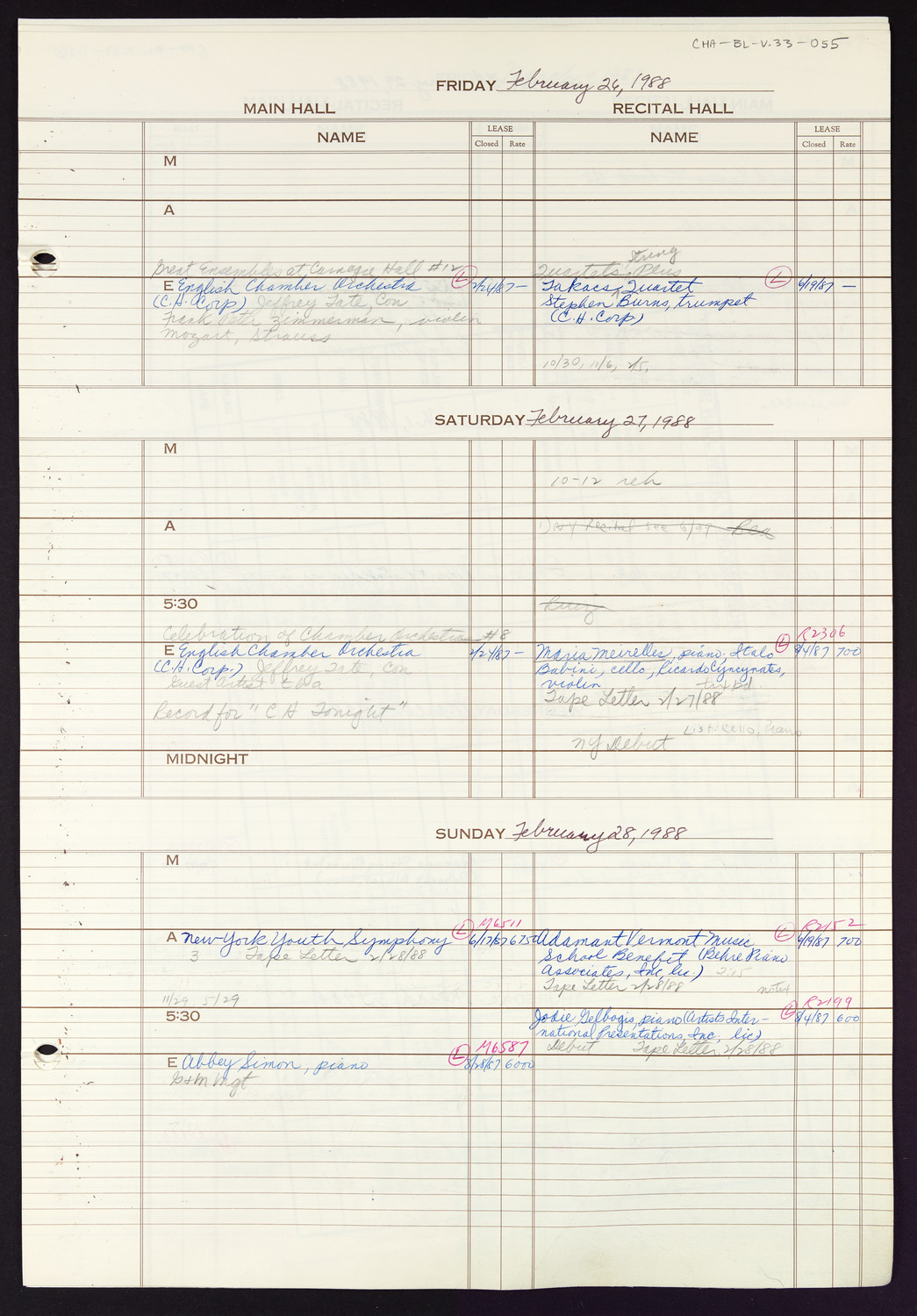 Carnegie Hall Booking Ledger, volume 33, page 55