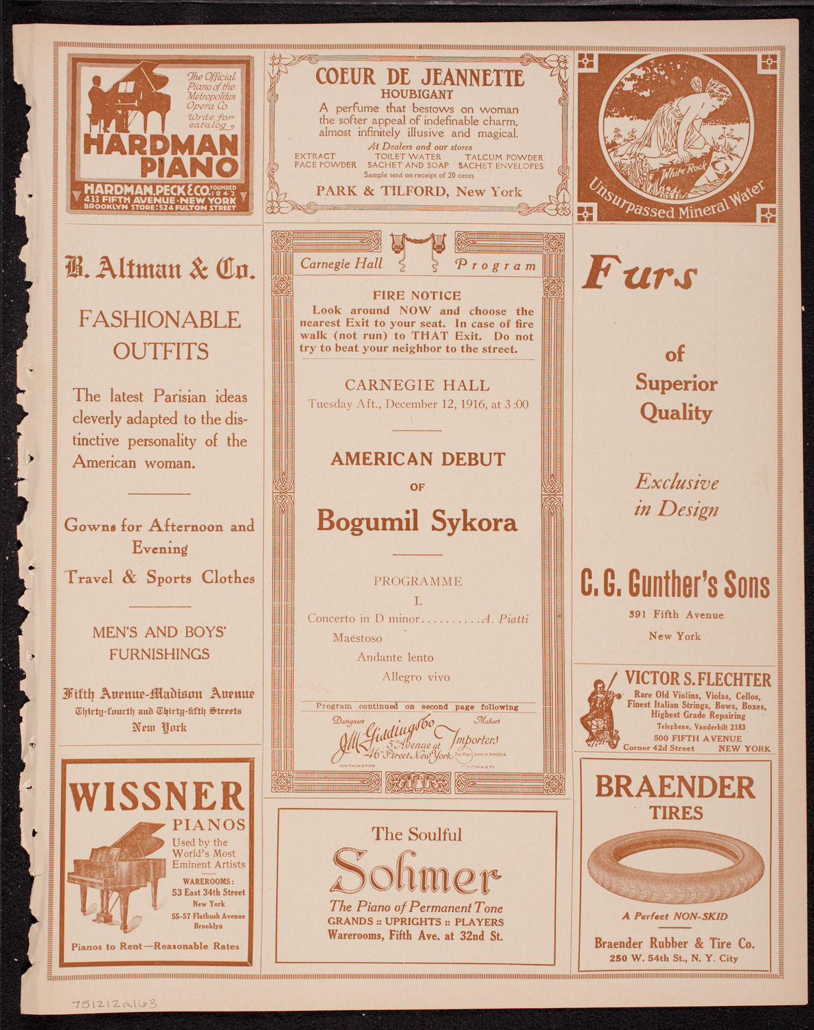 Bogumil Sykora, Cello, December 12, 1916, program page 5