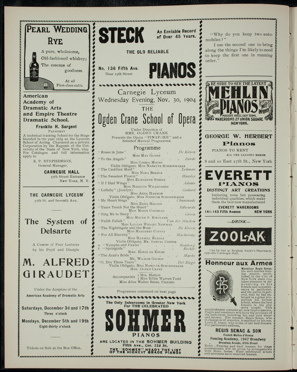 Ogden Crane School of Opera, November 30, 1904, program page 2