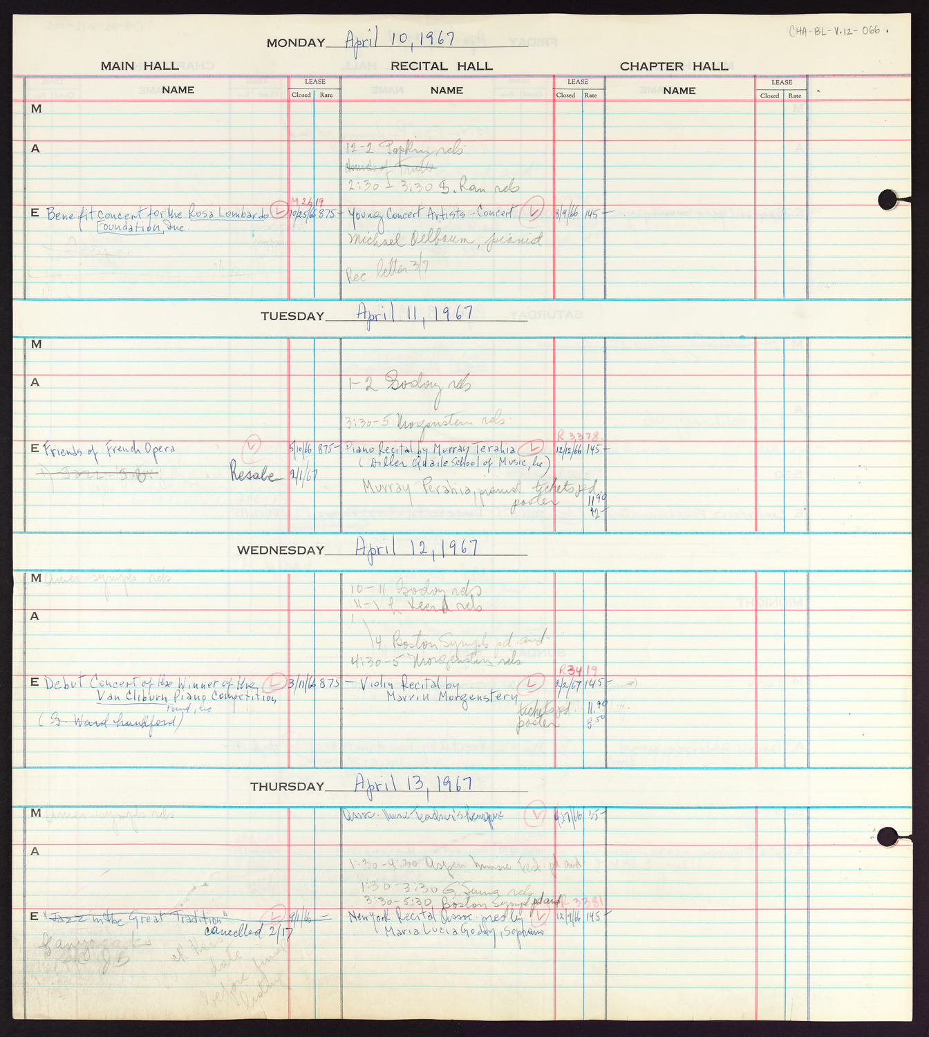 Carnegie Hall Booking Ledger, volume 12, page 66