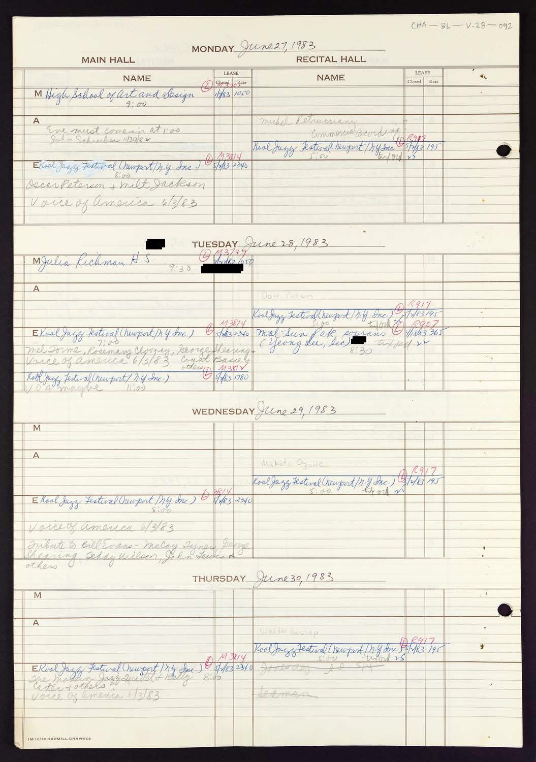 Carnegie Hall Booking Ledger, volume 28, page 92