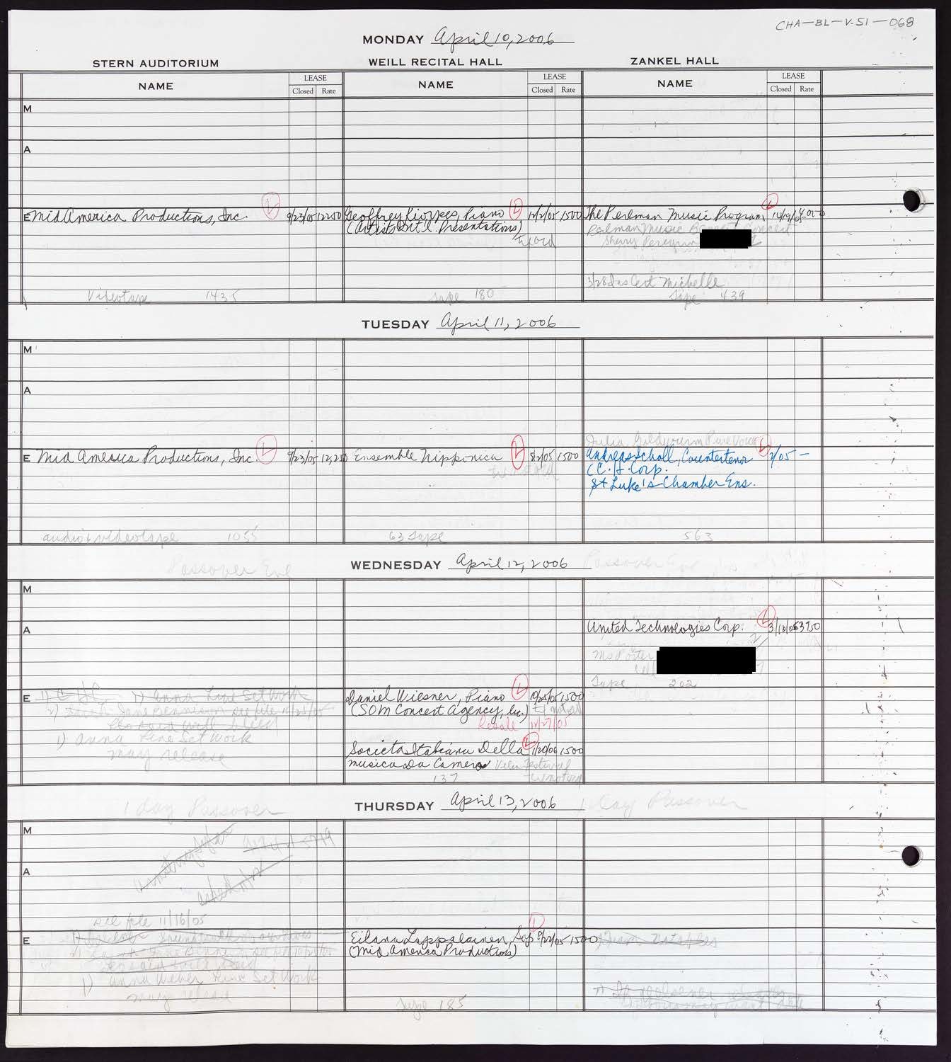 Carnegie Hall Booking Ledger, volume 51, page 68