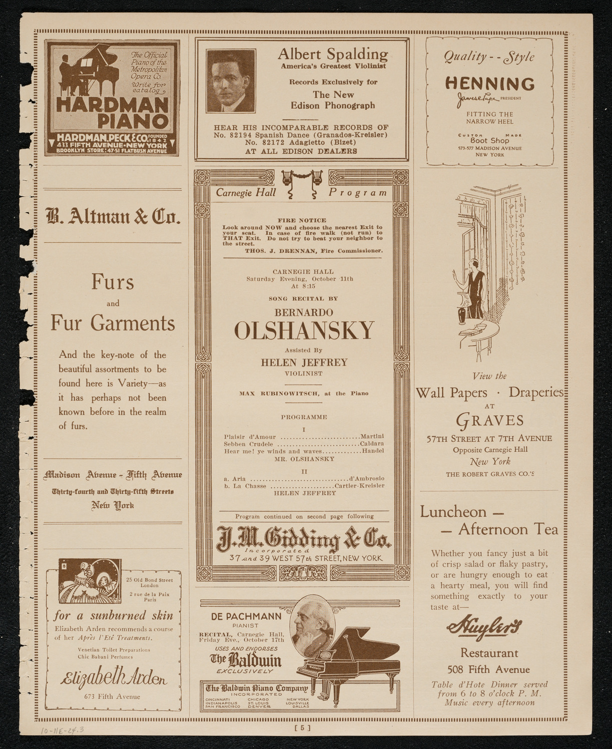 Bernardo Olshanky, Baritone, assisted by Helen Jeffrey, October 11, 1924, program page 5