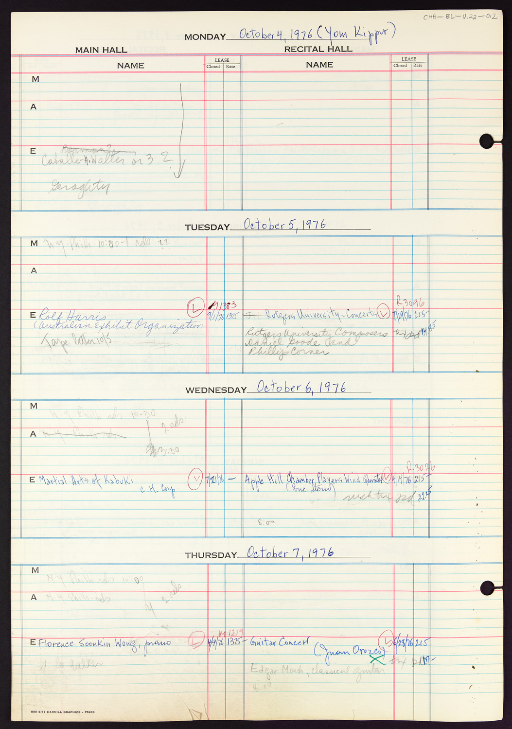 Carnegie Hall Booking Ledger, volume 22, page 12
