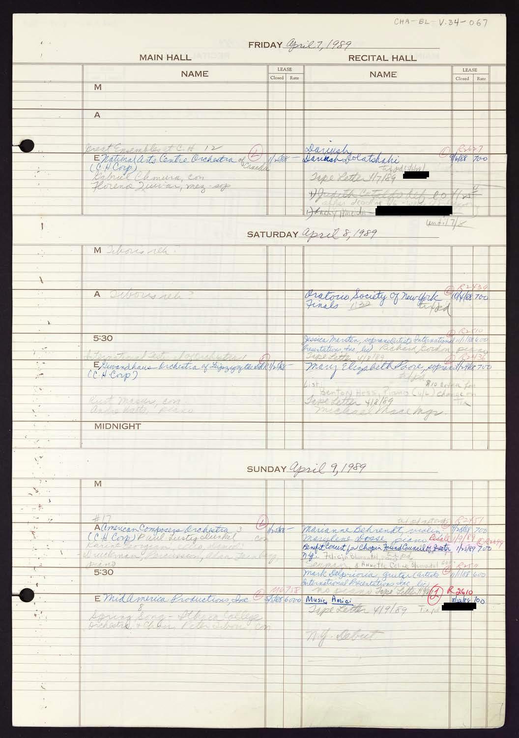 Carnegie Hall Booking Ledger, volume 34, page 67