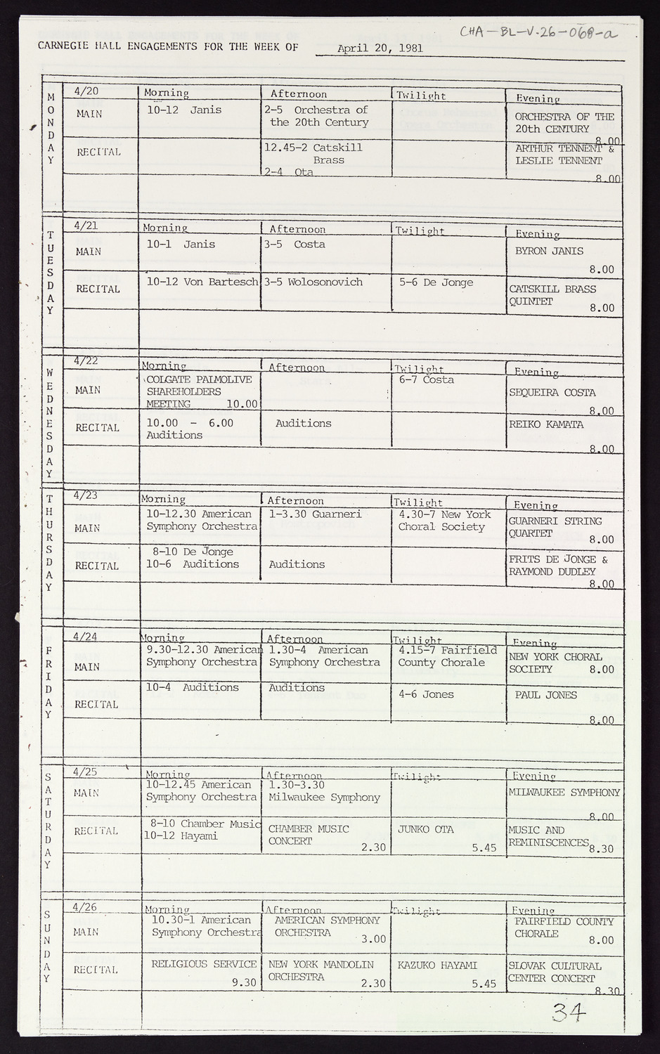 Carnegie Hall Booking Ledger, volume 26, page 68a