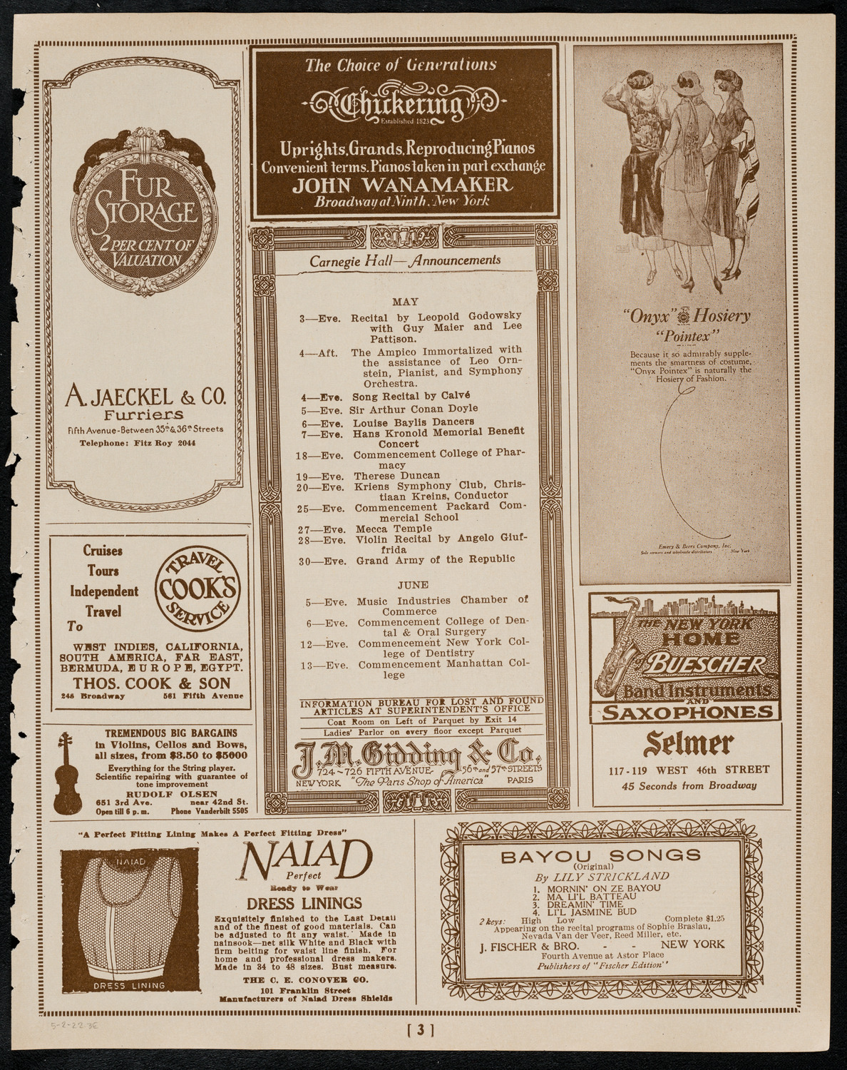 Beniamino Gigli, Tenor, May 2, 1922, program page 3