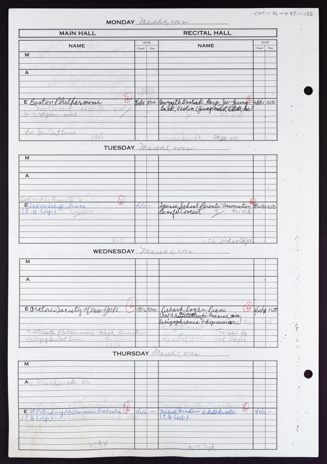 Carnegie Hall Booking Ledger, volume 47, page 56