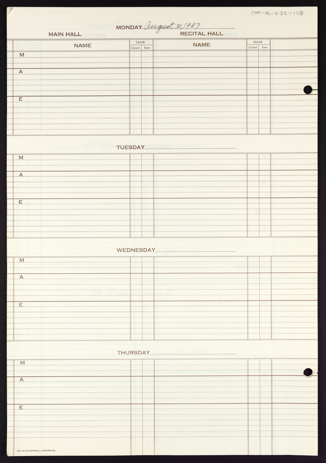 Carnegie Hall Booking Ledger, volume 32, page 108