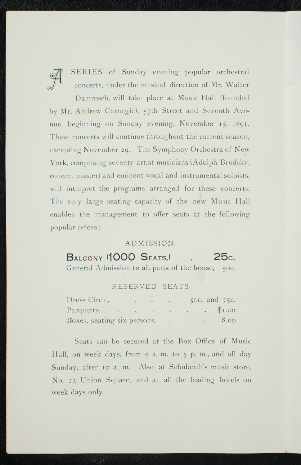 Damrosch Sunday Concert, November 15, 1891, program page 14
