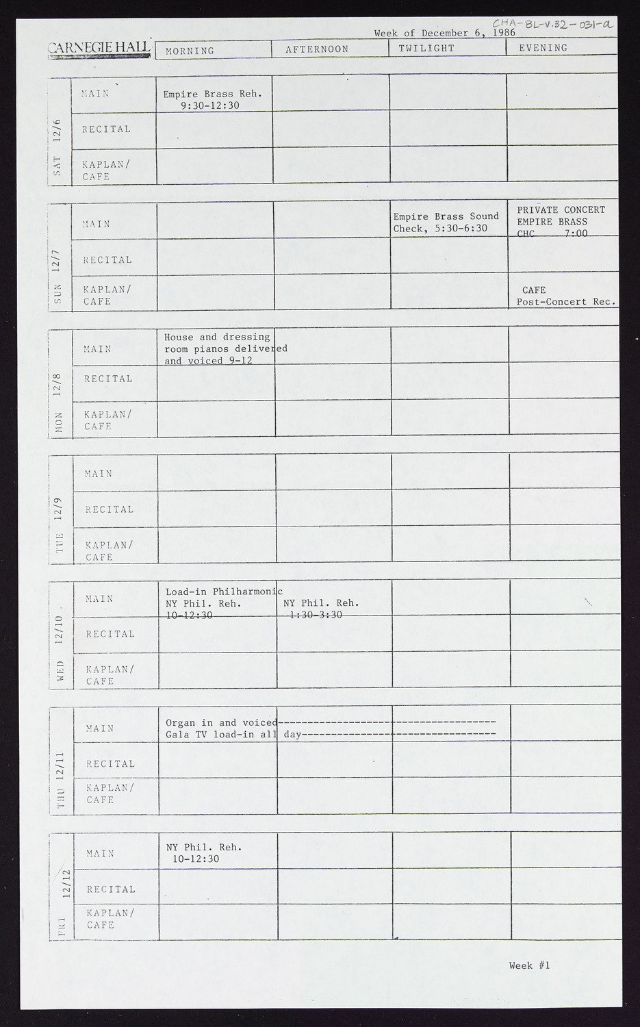 Carnegie Hall Booking Ledger, volume 32, page 31a