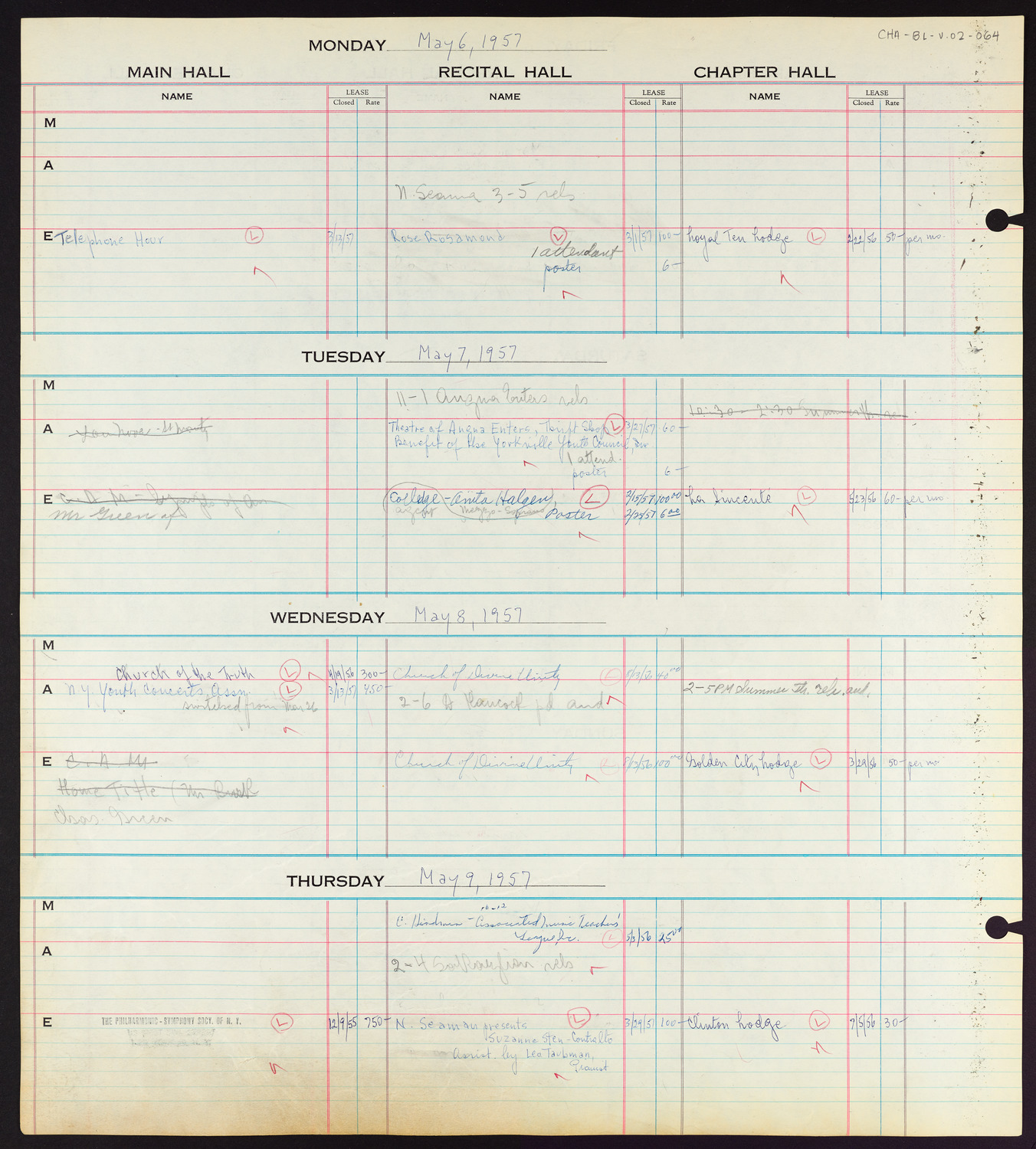 Carnegie Hall Booking Ledger, volume 2, page 64