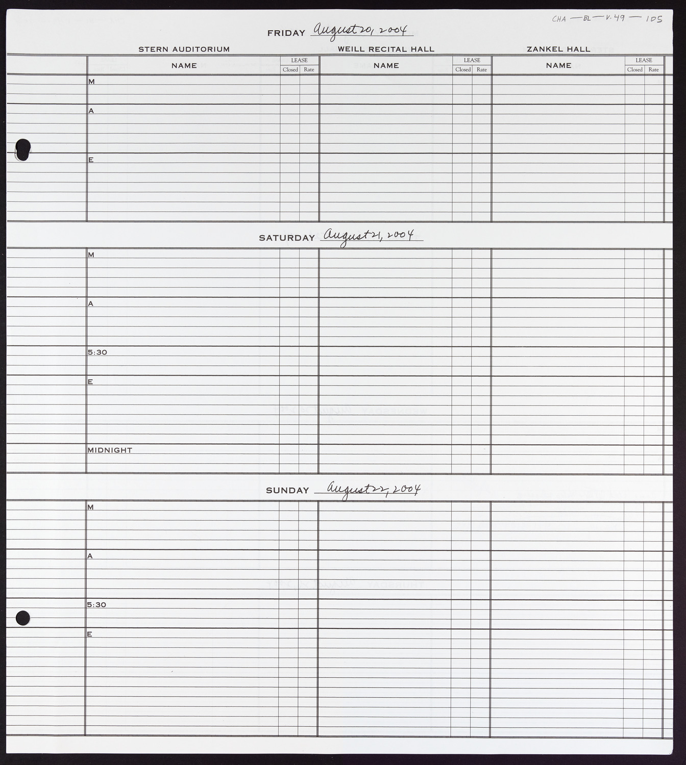 Carnegie Hall Booking Ledger, volume 49, page 105