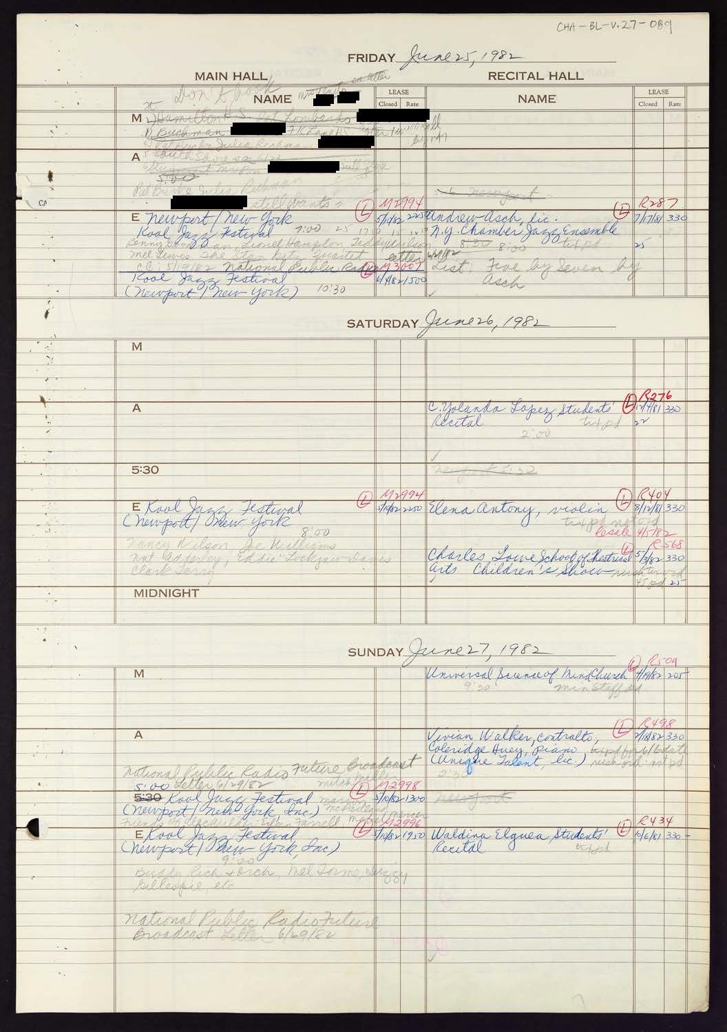 Carnegie Hall Booking Ledger, volume 27, page 89