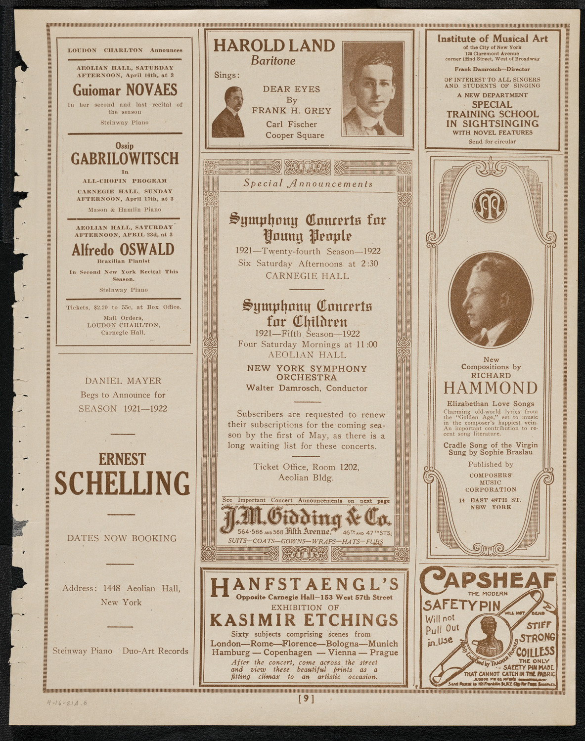 National Symphony Orchestra, April 16, 1921, program page 9