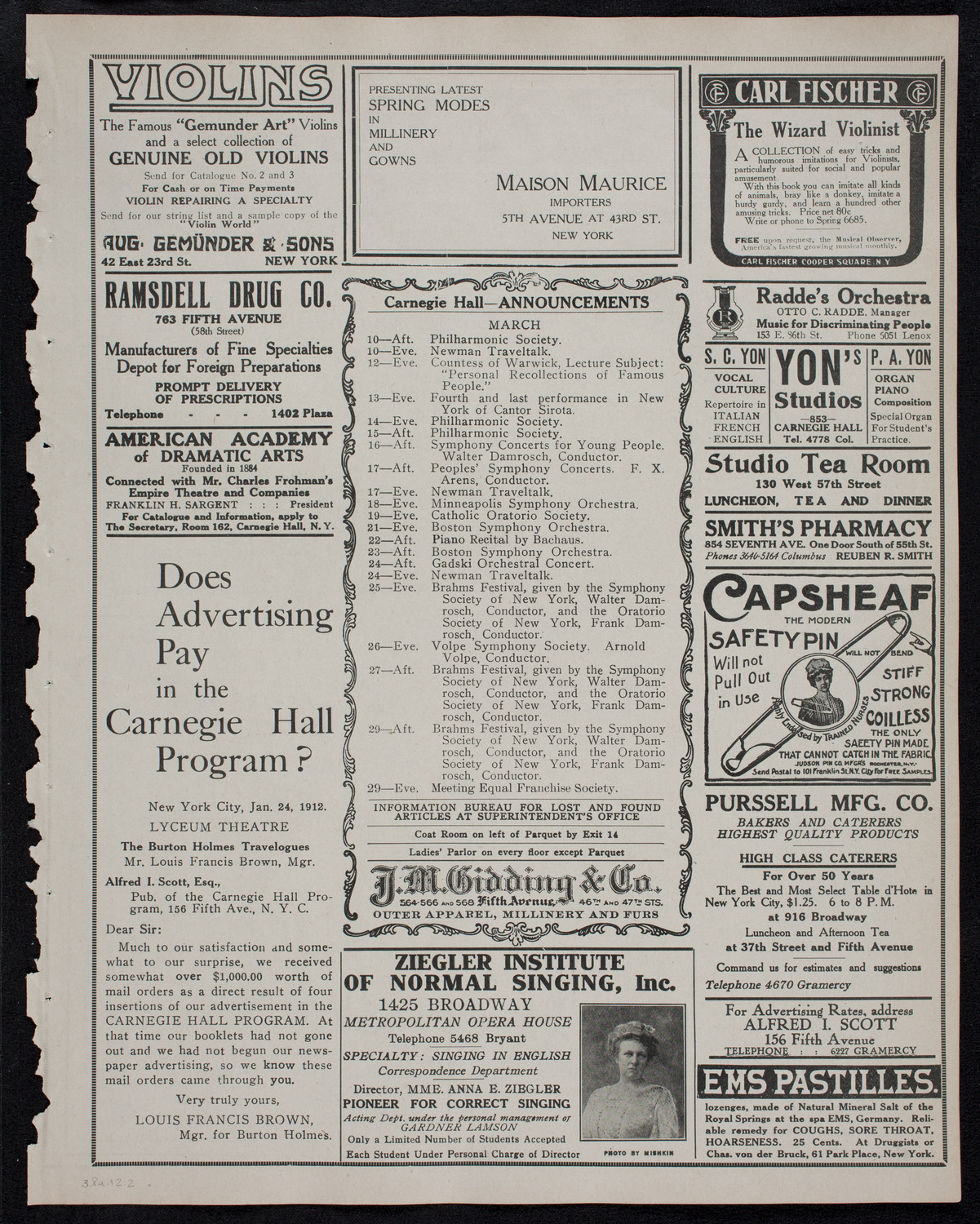 New York Philharmonic, March 8, 1912, program page 3