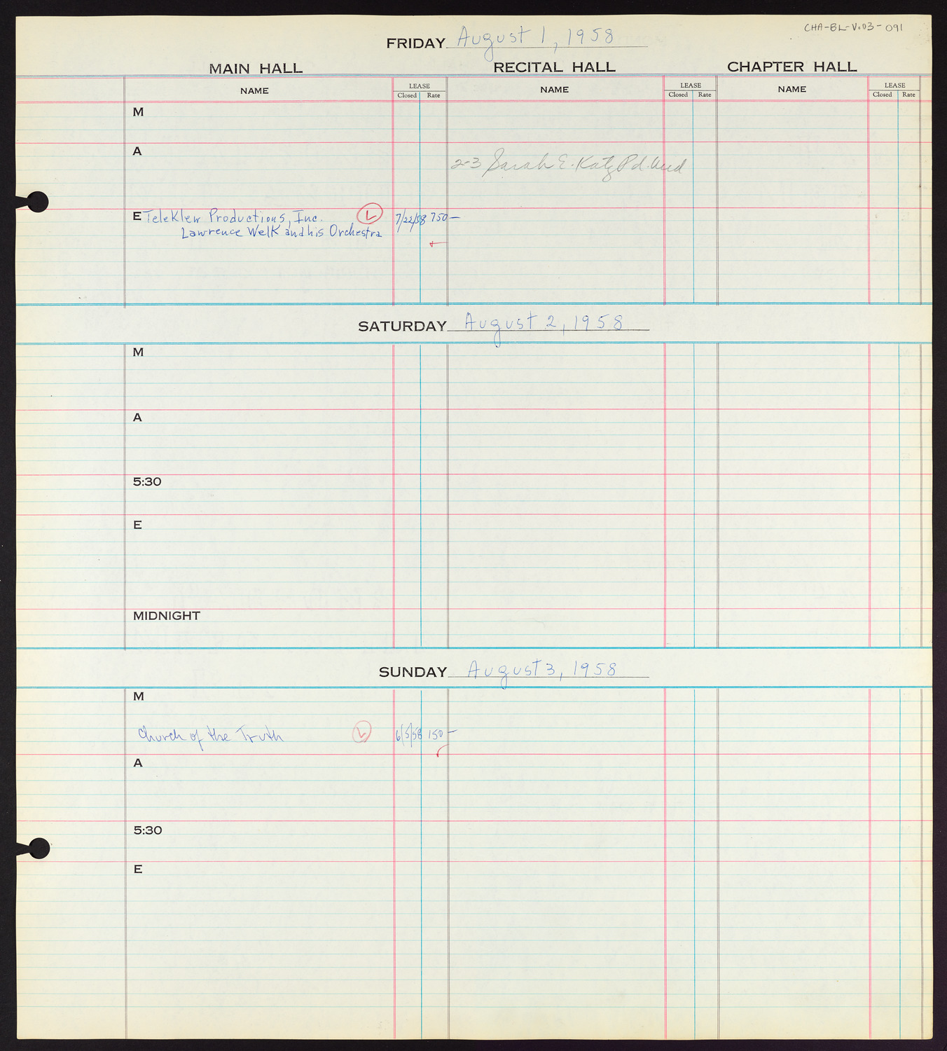 Carnegie Hall Booking Ledger, volume 3, page 91