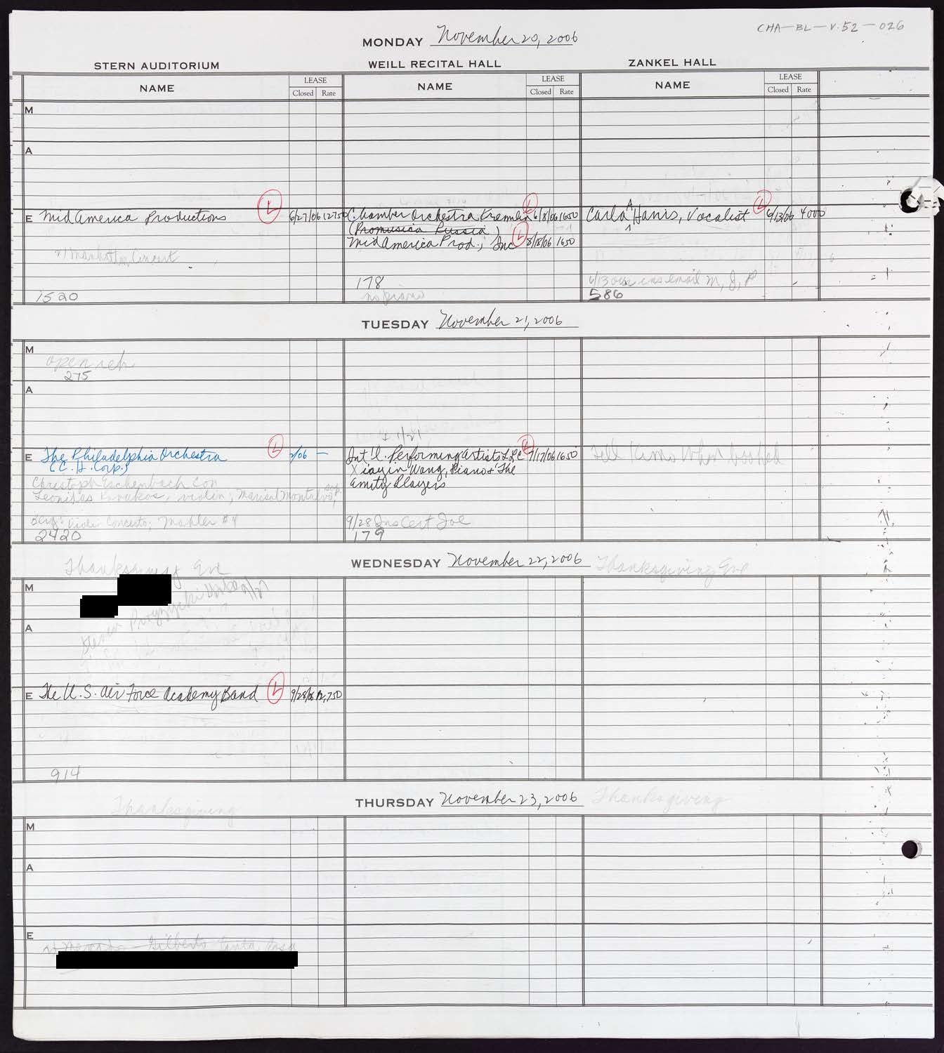 Carnegie Hall Booking Ledger, volume 52, page 26