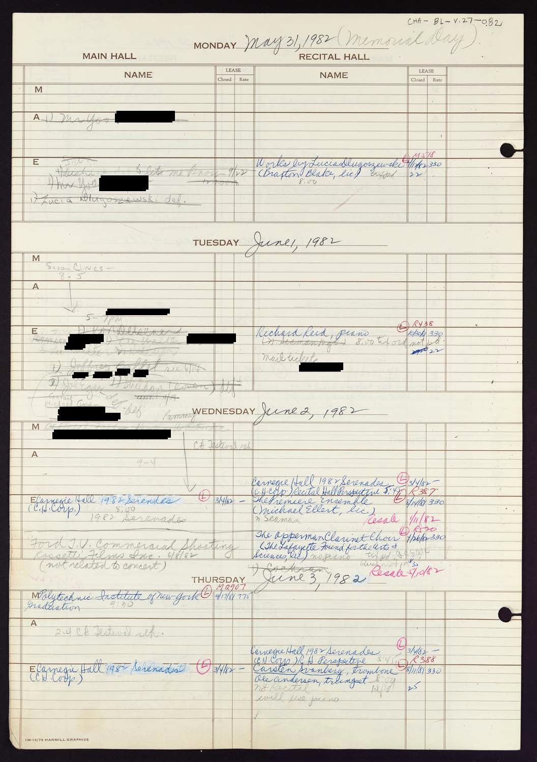 Carnegie Hall Booking Ledger, volume 27, page 82