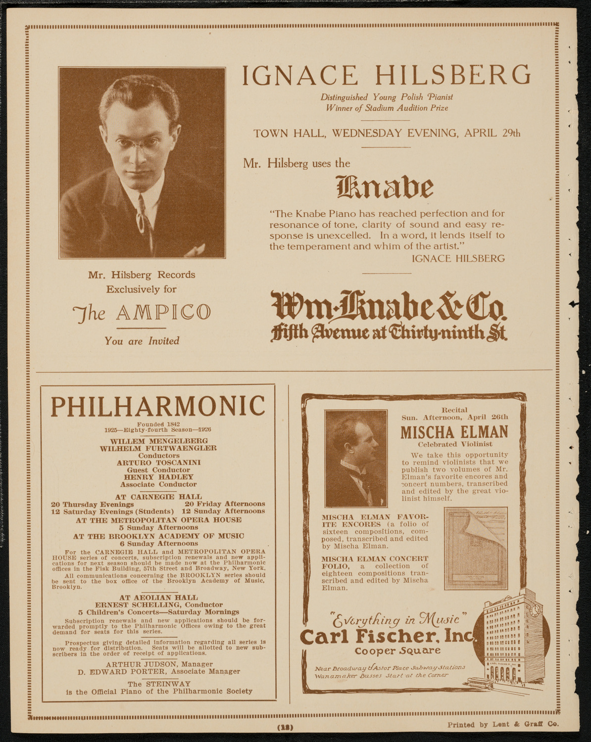 Mischa Elman, Violin, April 26, 1925, program page 12