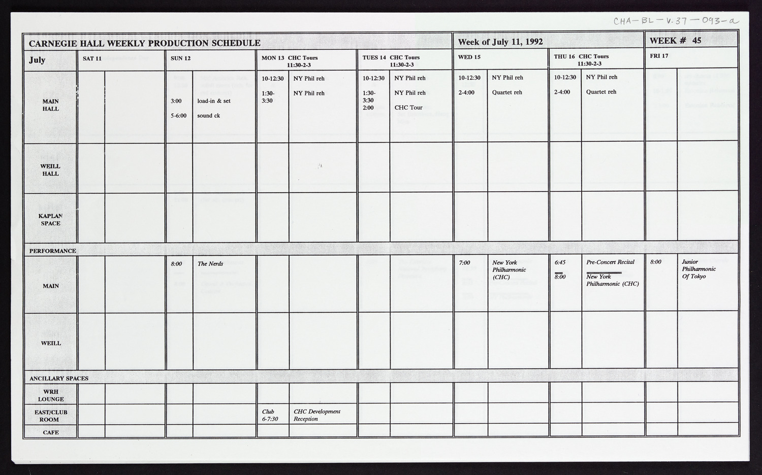 Carnegie Hall Booking Ledger, volume 37, page 93a