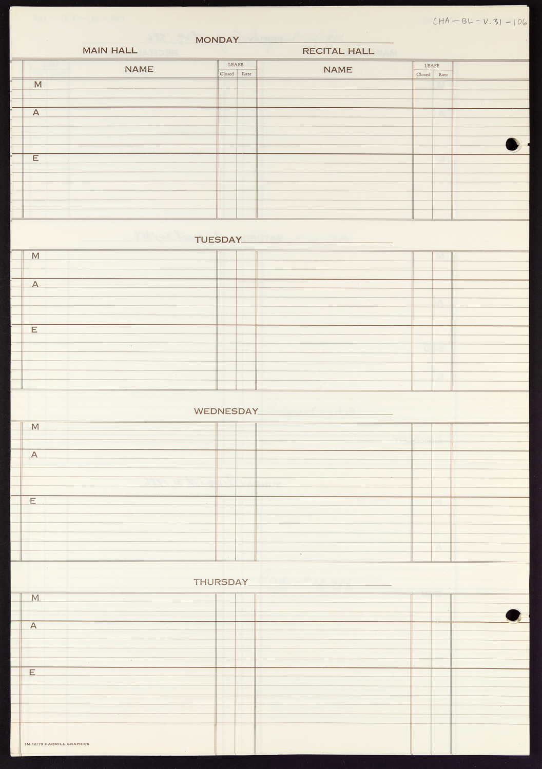 Carnegie Hall Booking Ledger, volume 31, page 106